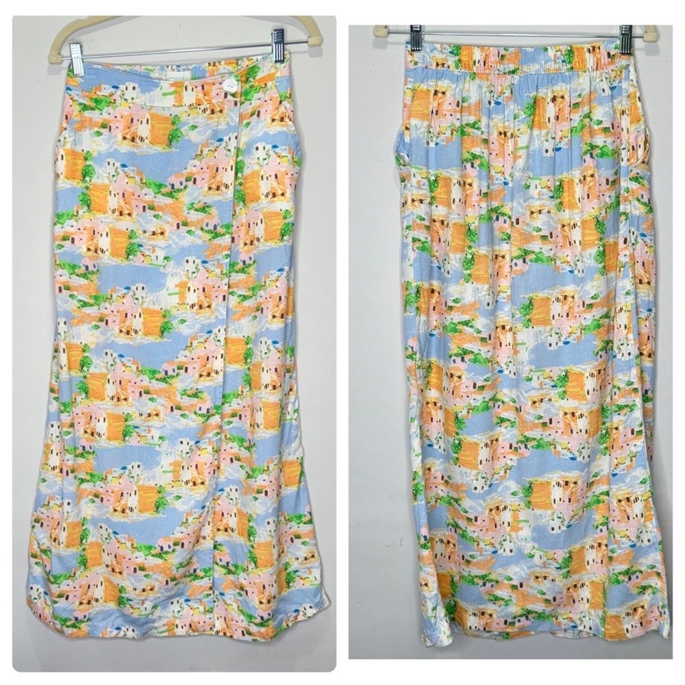 Cynthia Rowley Mediterranean Village Scenic Print Wrap Maxi Skirt Blue Multi Sm